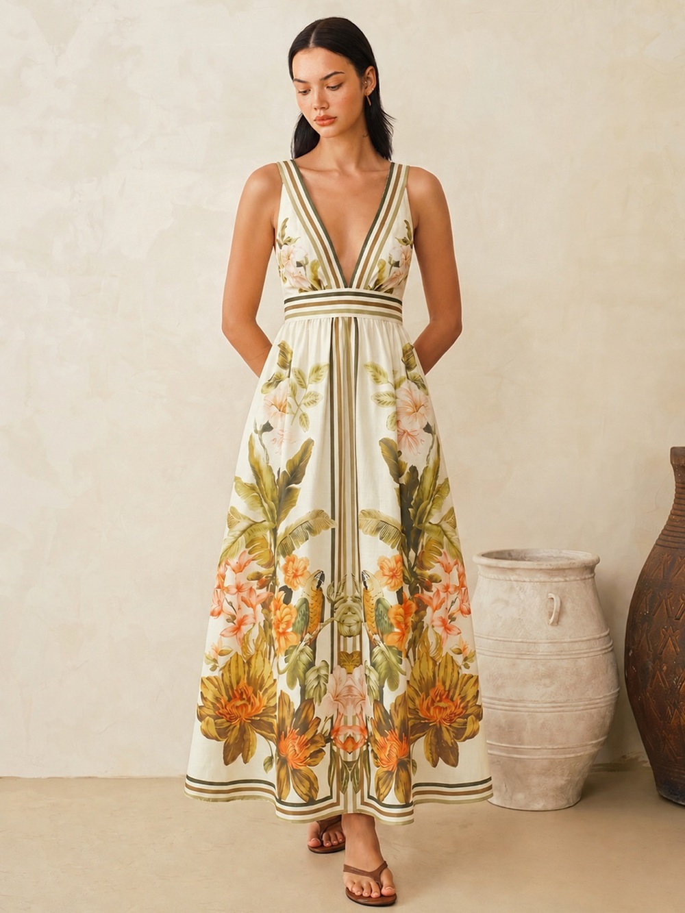 Commense Tropical Floral Print Deep V-Neck Maxi Dress - Picture 6 of 16